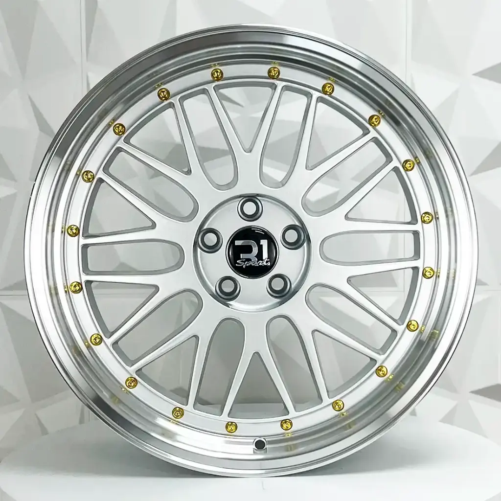 RIN 18X9 5-100 R1 SPORT A038 SILVER MACHINE LIP GOLD RIVETS ET25 CB73.1