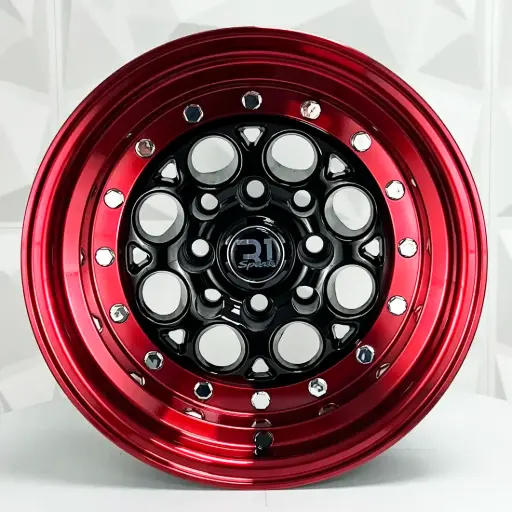 [x] RIN 13X8 4-100/114.3 R1 SPORT 767 BLACK MACHINE LIP+RED CHROME RIVETS ET-10 CB73